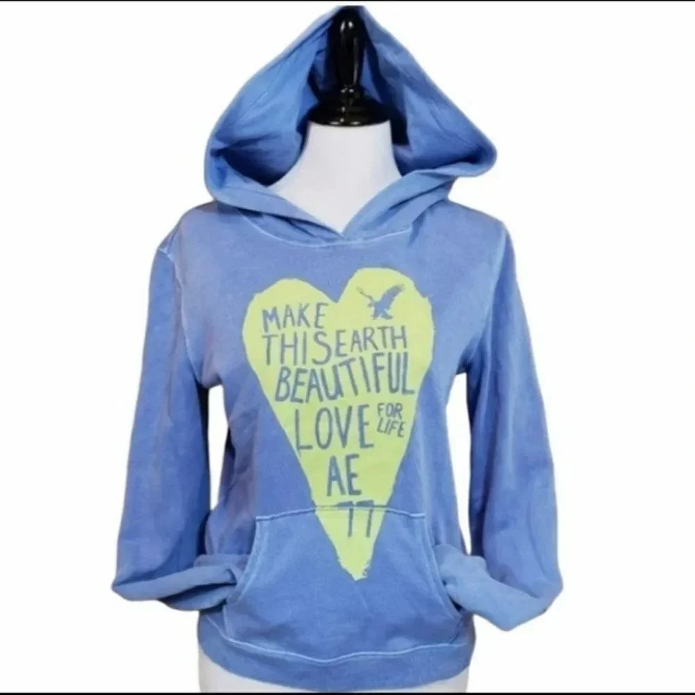 American Eagle Hoodie Medium Blue Graphic Heart Make This Earth‎ Beautiful AE 77